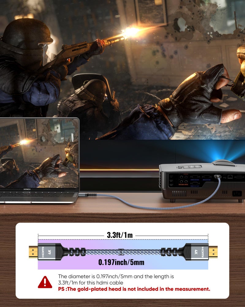 Highwings كابل HDMI 4K من هاي وينغز 3.3 قدم/1 متر 4K@60Hz HDR معزول، كابل HDMI 2.0 بسرعة 18Gbps مع إيثرنت/ARC، 3D، HDCP 2.2، ARC، متوافق مع PS-5/4/3/4K HDTV/شاشة/بروجيكتور/وسائط البث - Image 5